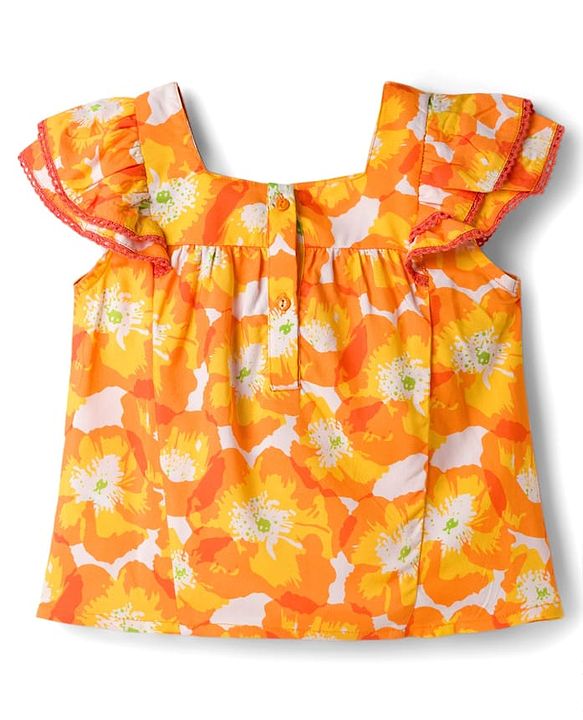 Babyhug Rayon Woven Half Sleeves Top With Floral Print - Orange