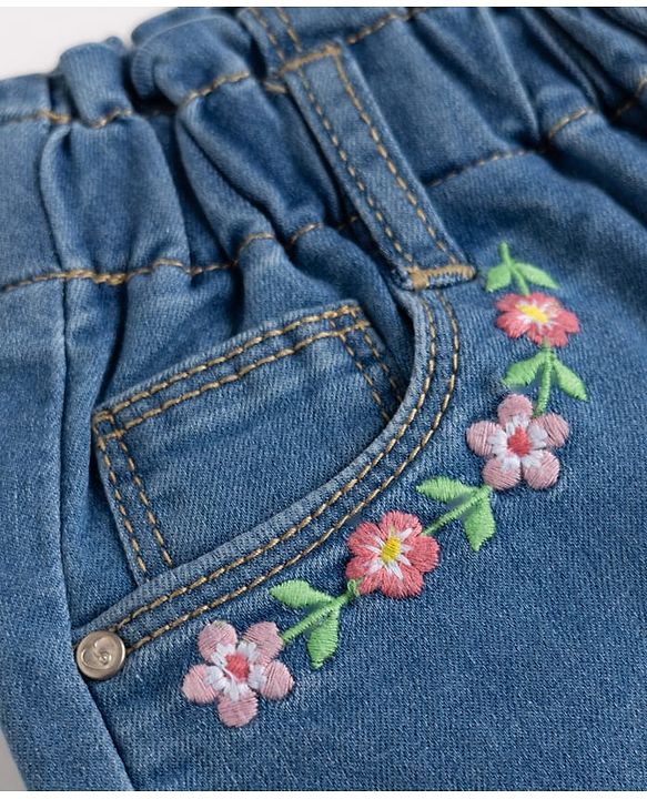 Babyhug Denim Mid Length Skirts With Floral Embroidery - Blue