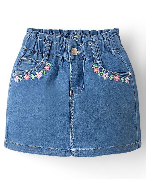 Babyhug Denim Mid Length Skirts With Floral Embroidery - Blue