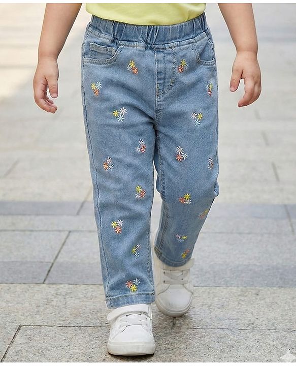 Babyhug Full Length Washed Denim Jeans With Floral Embroidery & Stretch - Blue