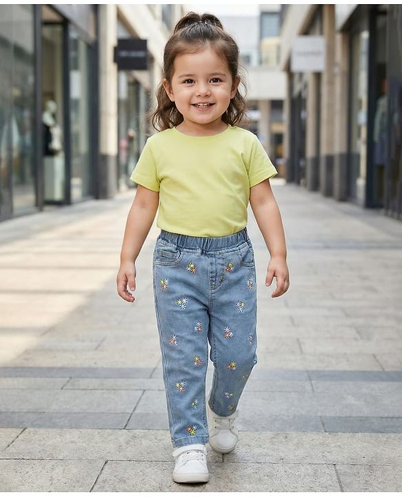 Babyhug Full Length Washed Denim Jeans With Floral Embroidery & Stretch - Blue