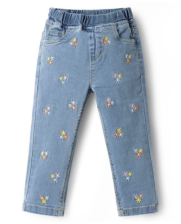 Babyhug Full Length Washed Denim Jeans With Floral Embroidery & Stretch - Blue