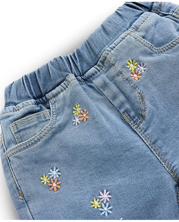 Babyhug Full Length Washed Denim Jeans With Floral Embroidery & Stretch - Blue