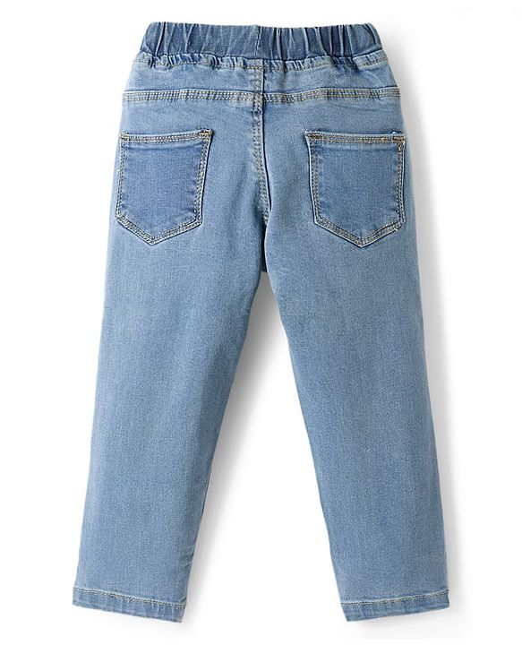 Babyhug Full Length Washed Denim Jeans With Floral Embroidery & Stretch - Blue