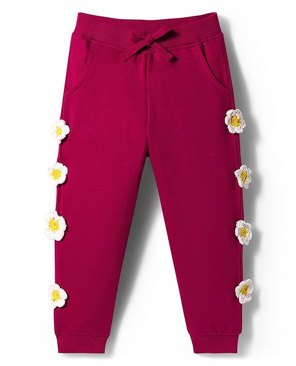 Babyhug Cotton Looper Knit Full Length Lounge Pant With Floral Applique - Maroon