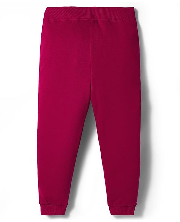 Babyhug Cotton Looper Knit Full Length Lounge Pant With Floral Applique - Maroon