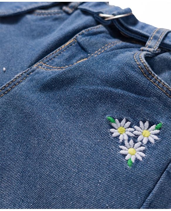 Babyhug Full Length Denim Jeans with Stretch Belt & Floral Embroidery - Blue
