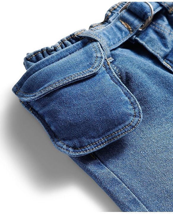 Babyhug Full Length Denim Jeans with Stretch Belt & Floral Embroidery - Blue