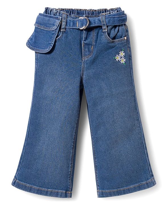 Babyhug Full Length Denim Jeans with Stretch Belt & Floral Embroidery - Blue