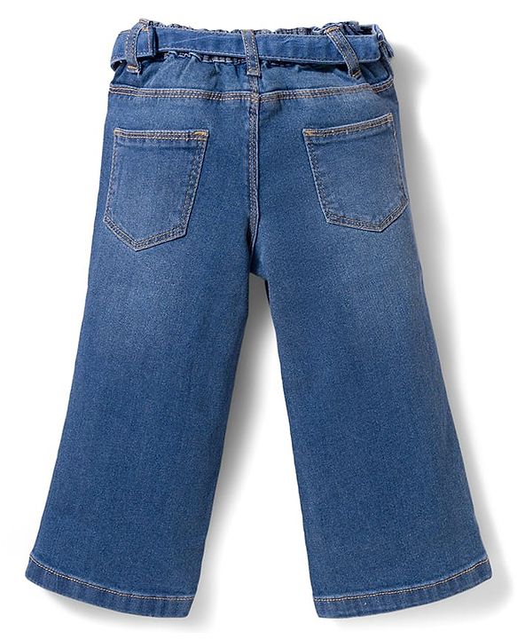 Babyhug Full Length Denim Jeans with Stretch Belt & Floral Embroidery - Blue