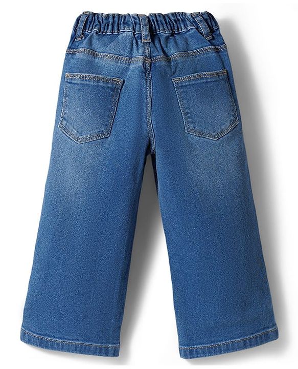 Babyhug Full Length Denim Jeans with Stretch Belt & Floral Embroidery - Blue