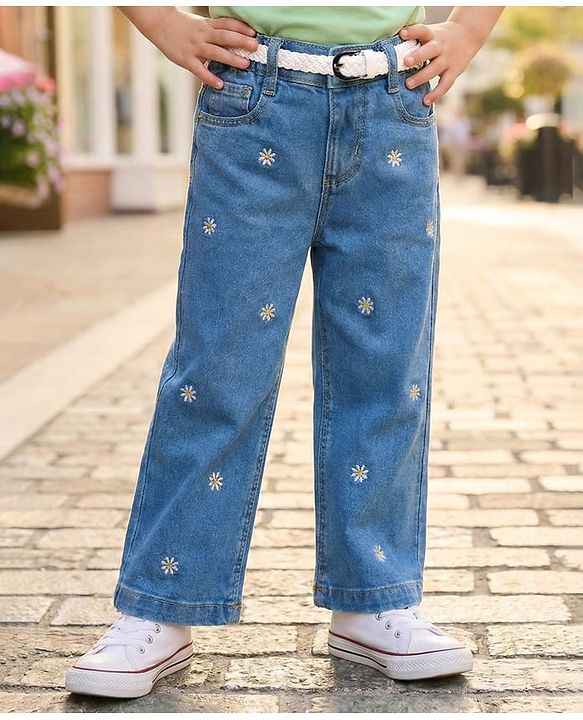 Babyhug Full Length Denim Jeans with Floral Embroidery & Belt - Blue