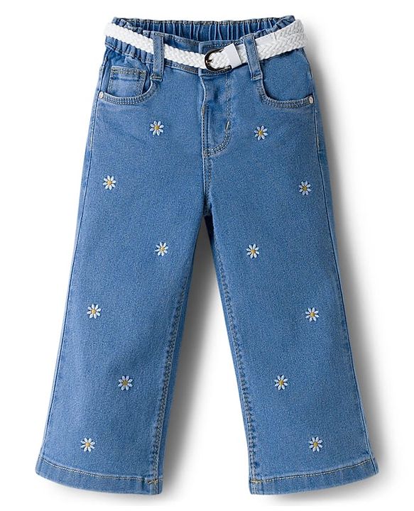 Babyhug Full Length Denim Jeans with Floral Embroidery & Belt - Blue
