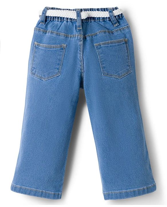 Babyhug Full Length Denim Jeans with Floral Embroidery & Belt - Blue