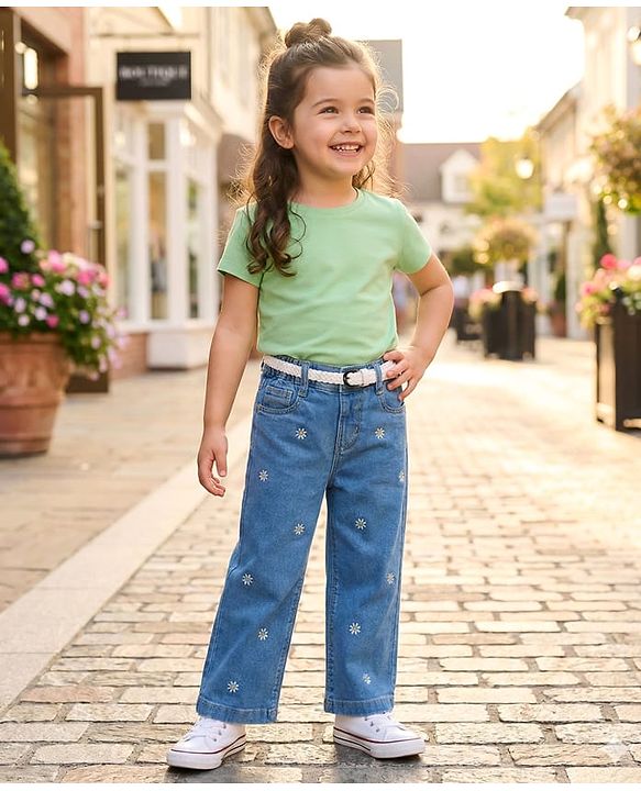 Babyhug Full Length Denim Jeans with Floral Embroidery & Belt - Blue