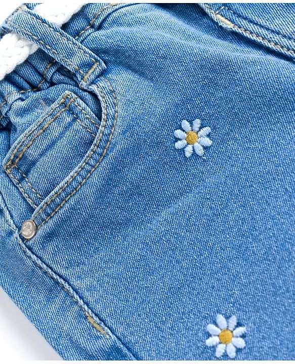 Babyhug Full Length Denim Jeans with Floral Embroidery & Belt - Blue