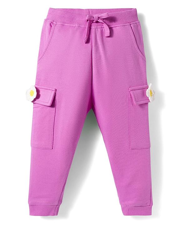 Babyhug Cotton Looper Knit Full Length Lounge Pant with Floral Applique - Pink