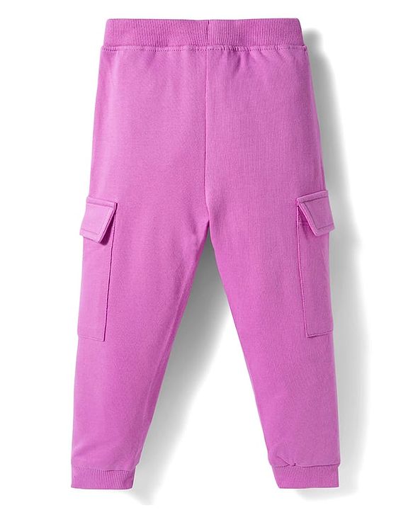 Babyhug Cotton Looper Knit Full Length Lounge Pant with Floral Applique - Pink