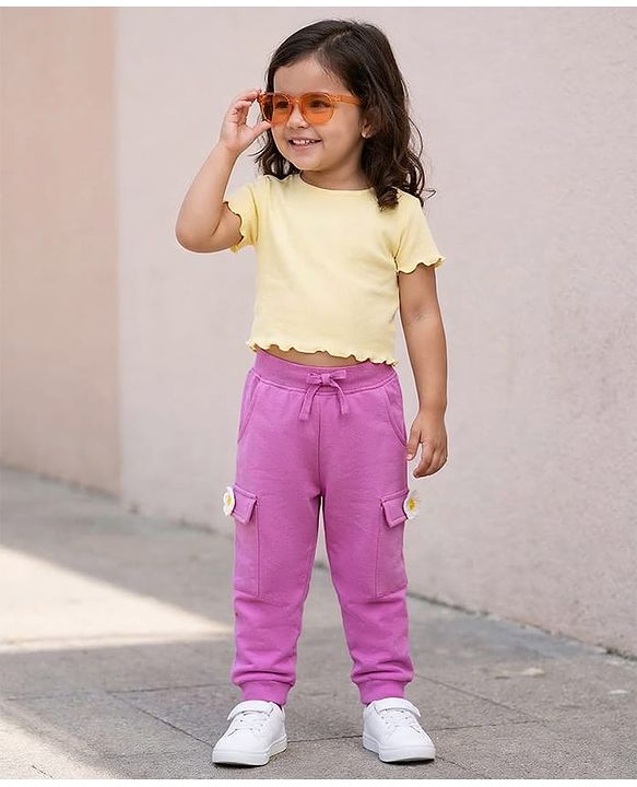 Babyhug Cotton Looper Knit Full Length Lounge Pant with Floral Applique - Pink