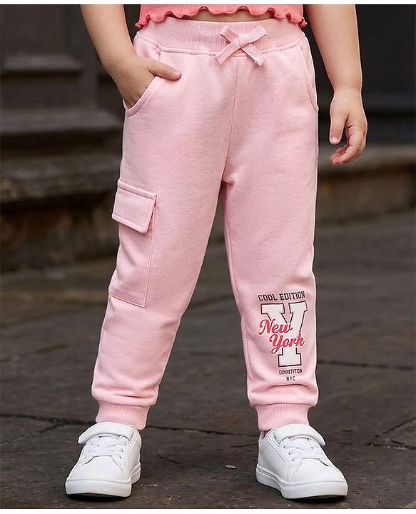 Babyhug Cotton Looper Knit Full Length Lounge Pant With Text Print - Pink