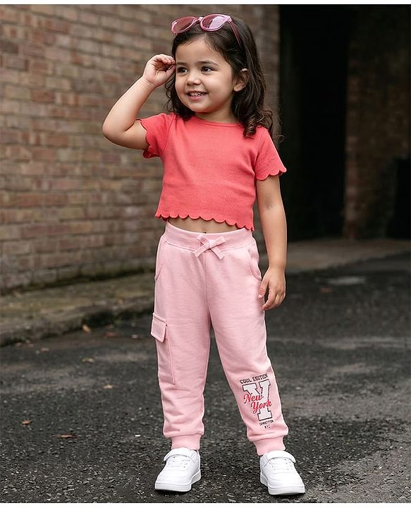 Babyhug Cotton Looper Knit Full Length Lounge Pant With Text Print - Pink