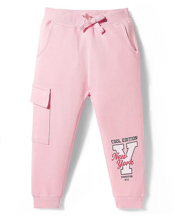 Babyhug Cotton Looper Knit Full Length Lounge Pant With Text Print - Pink