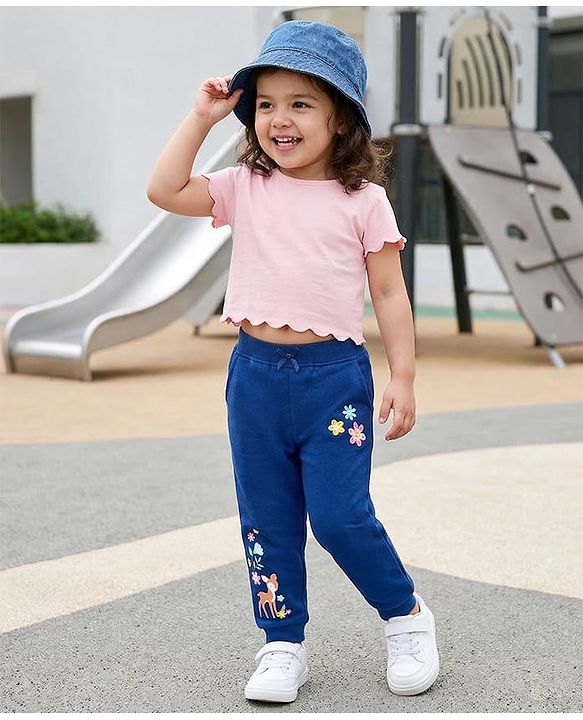 Babyhug Cotton Looper Knit Full Length Lounge Pant With Deer & Floral Print - Navy Blue