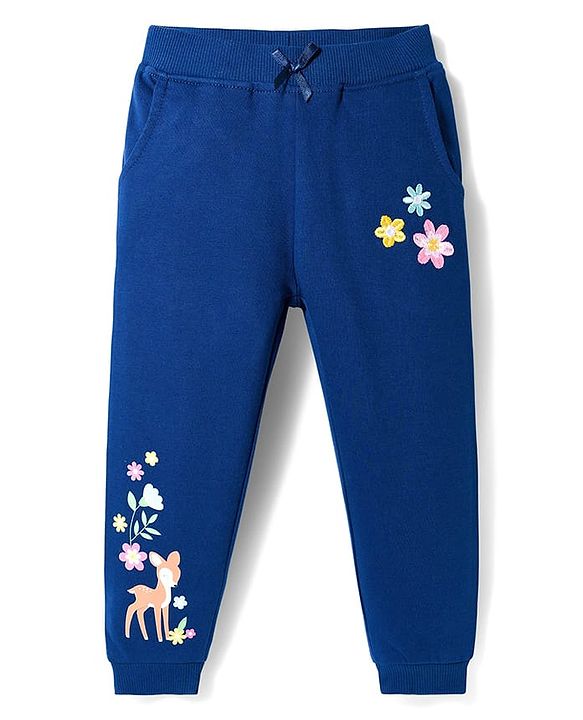 Babyhug Cotton Looper Knit Full Length Lounge Pant With Deer & Floral Print - Navy Blue