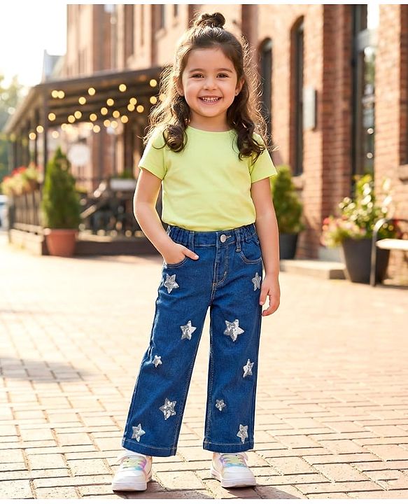 Babyhug Full Length Denim Jeans with Sequin Detailing - Blue