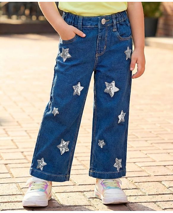 Babyhug Full Length Denim Jeans with Sequin Detailing - Blue