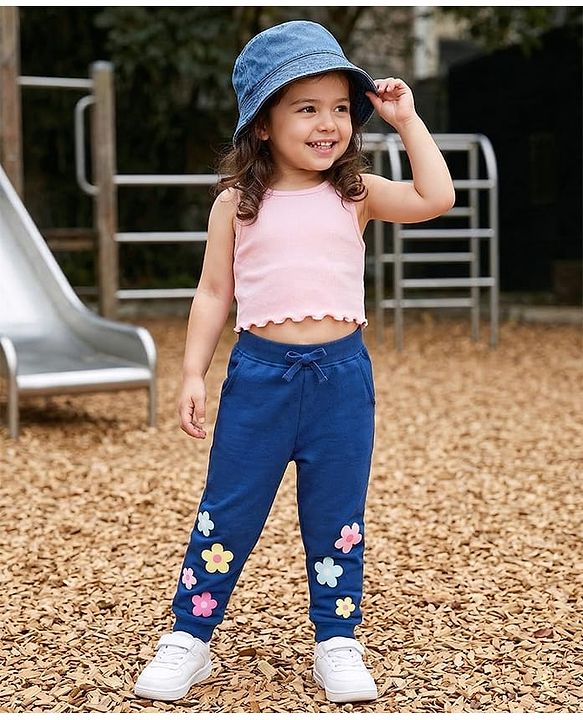 Babyhug Cotton Looper Knit Full Length Joggers Pant With Floral Print - Navy Blue