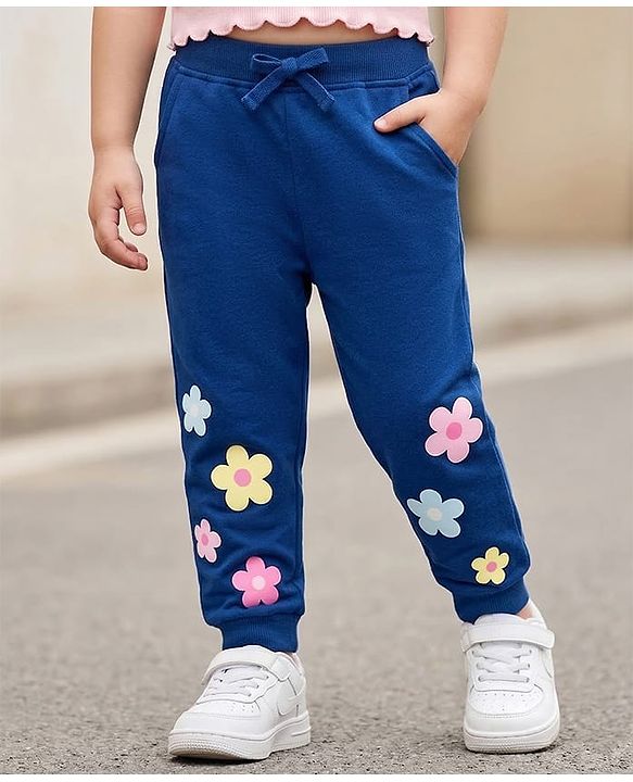 Babyhug Cotton Looper Knit Full Length Joggers Pant With Floral Print - Navy Blue