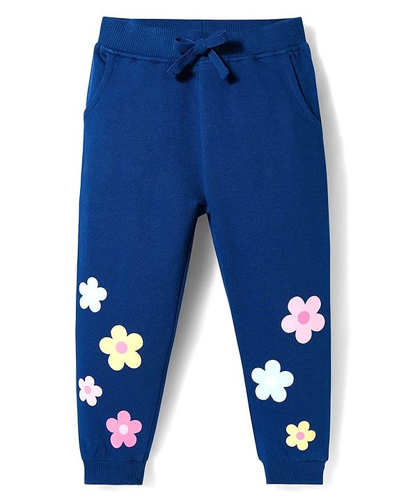 Babyhug Cotton Looper Knit Full Length Joggers Pant With Floral Print - Navy Blue