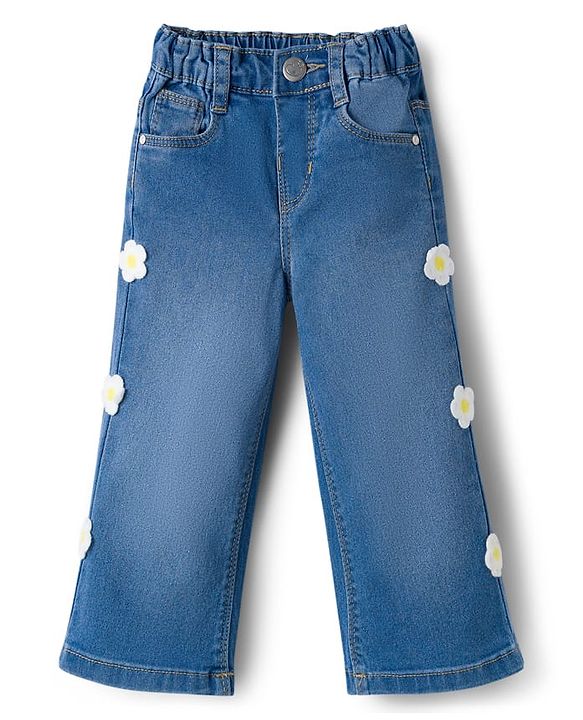 Babyhug Full Length Denim Jeans with Stretch & Floral Embroidery - Blue