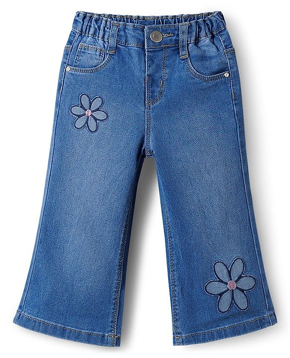 Babyhug Full Length Washed Denim Jeans With Stretch & Floral Embroidery - Blue