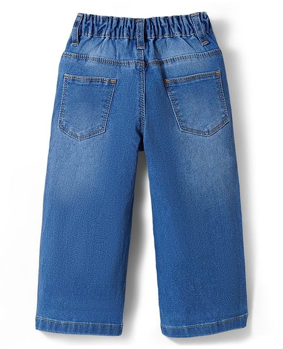 Babyhug Full Length Washed Denim Jeans With Stretch & Floral Embroidery - Blue