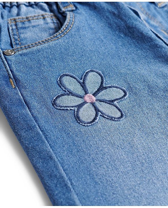 Babyhug Full Length Washed Denim Jeans With Stretch & Floral Embroidery - Blue