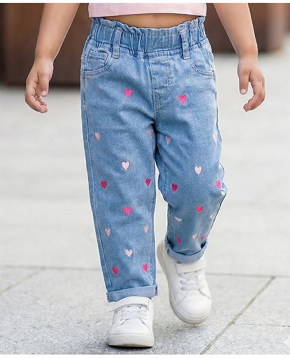 Babyhug Denim Full Length Jeans With Stretch & Hearts Embroidery - Blue
