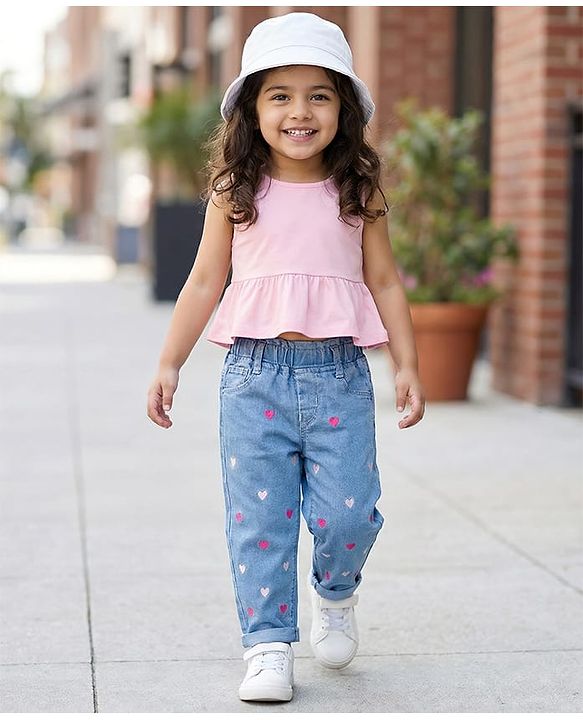 Babyhug Denim Full Length Jeans With Stretch & Hearts Embroidery - Blue