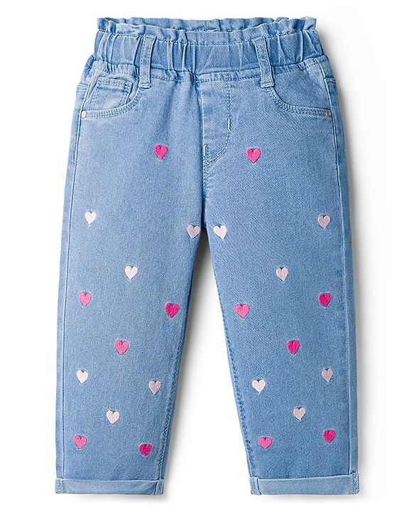 Babyhug Denim Full Length Jeans With Stretch & Hearts Embroidery - Blue