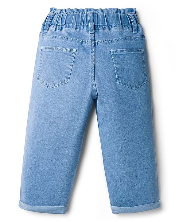 Babyhug Denim Full Length Jeans With Stretch & Hearts Embroidery - Blue