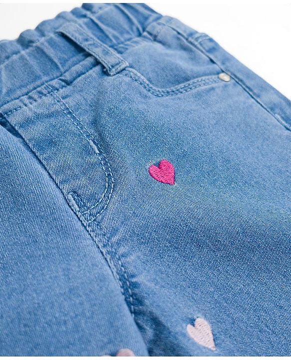 Babyhug Denim Full Length Jeans With Stretch & Hearts Embroidery - Blue