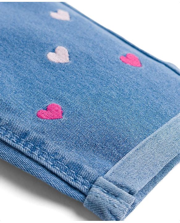 Babyhug Denim Full Length Jeans With Stretch & Hearts Embroidery - Blue