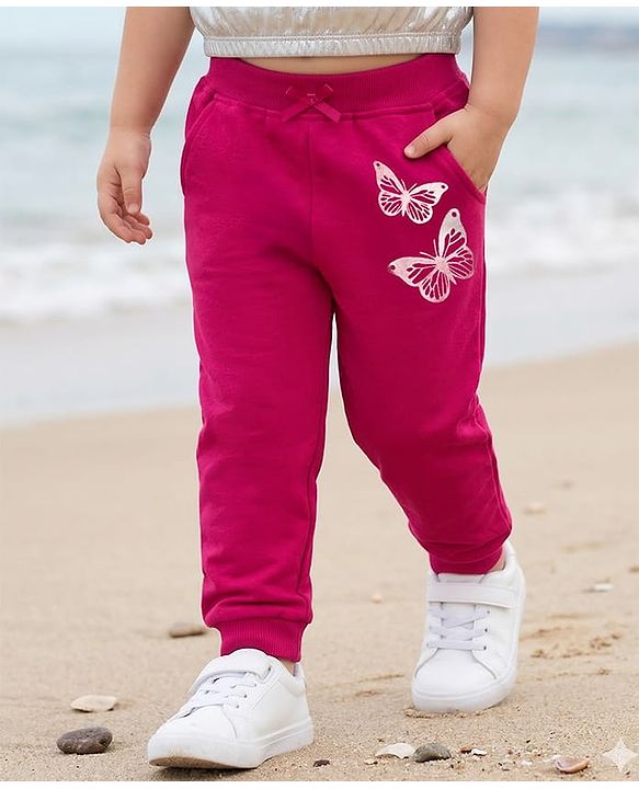 Babyhug Cotton Looper Knit Full Length Lounge Pant with Butterfly Print - Maroon