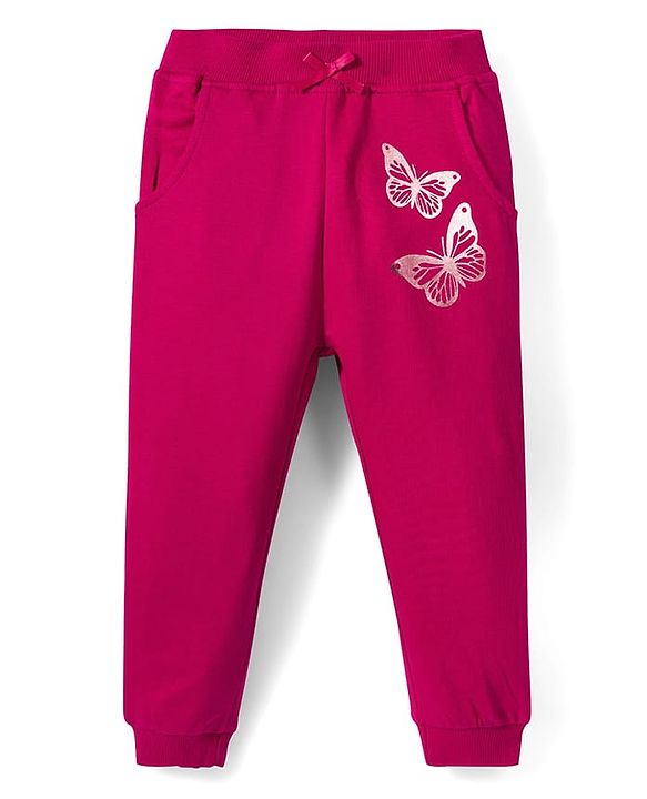 Babyhug Cotton Looper Knit Full Length Lounge Pant with Butterfly Print - Maroon
