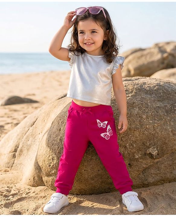 Babyhug Cotton Looper Knit Full Length Lounge Pant with Butterfly Print - Maroon