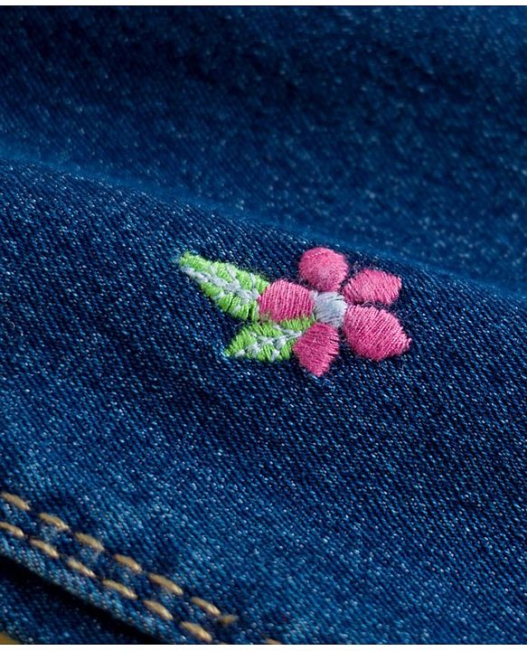 Babyhug Full Length Denim Jeans with Floral Embroidery - Blue