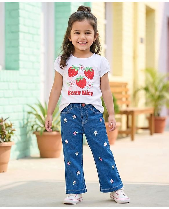 Babyhug Full Length Denim Jeans with Floral Embroidery - Blue