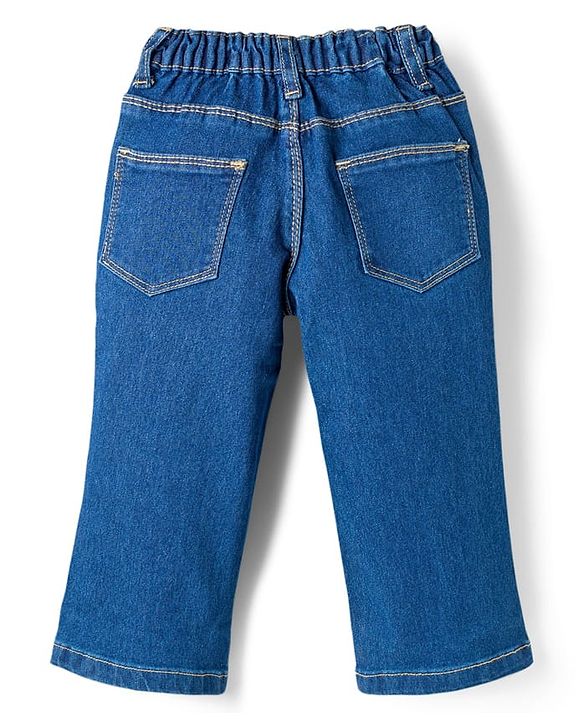 Babyhug Full Length Denim Jeans with Floral Embroidery - Blue
