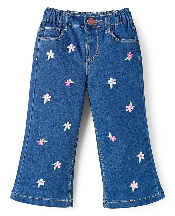Babyhug Full Length Denim Jeans with Floral Embroidery - Blue